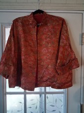 Vintage Asian Chinese Brocade Jacket Red And Gold Pagoda Print Made In HONOLULU