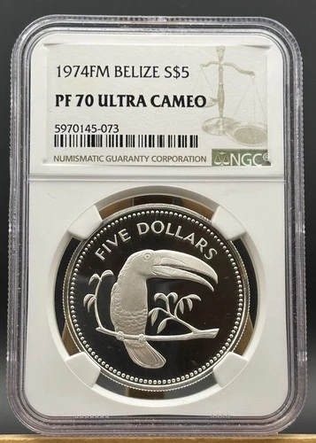 1974 Belize Silver NGC  Proof 70 Ultra Cameo $5 Birds-Toucan