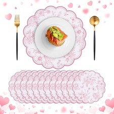 60 Pcs Floral Paper Placemats, 13.5 Inch Disposable Scalloped Table Mats Pink