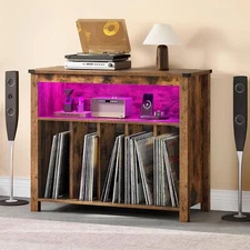 Vinyl Record Player Stand Album Turntable Cabinet with RGB LED and Power Port