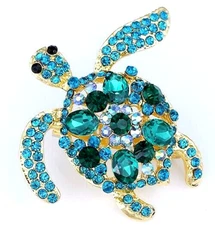 High Style OCEAN Sea TURTLE Aurora Borealis Green Rhinestone Tortoise Brooch