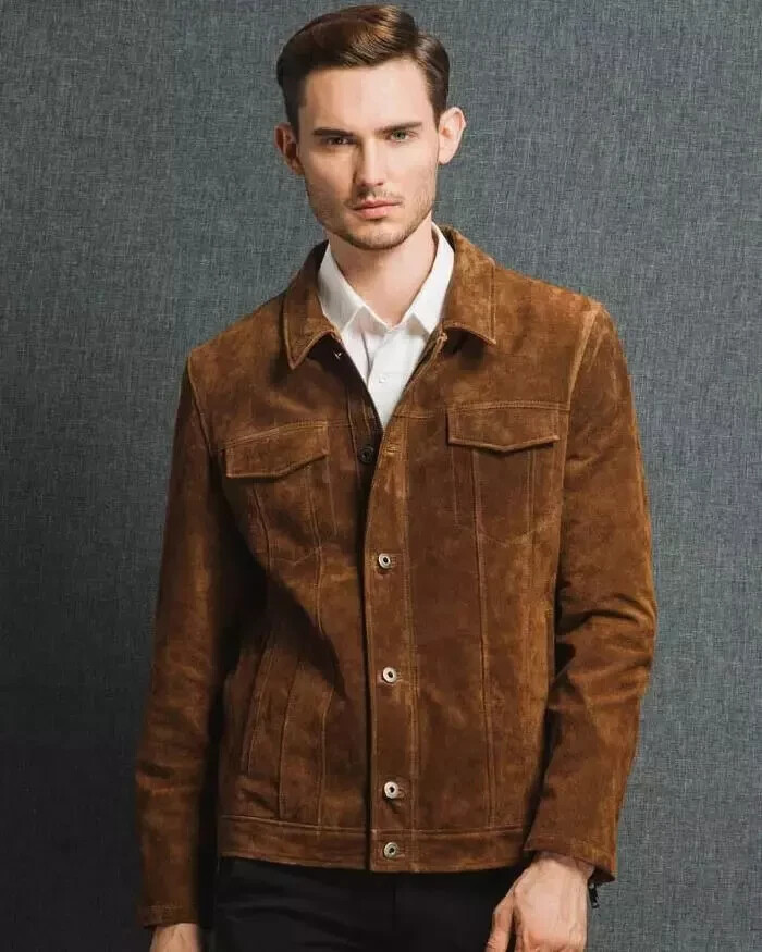 Suede Leather Trucker Jacket For Men's Soft Lambskin Handmade Suede Shirt Jacket