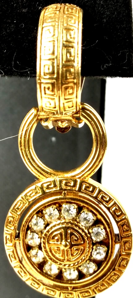 Vtg Premier Designs Greek Key Clip On Gold Tone 2 In 1 Rhinestone Earrings - Image 2 of 4