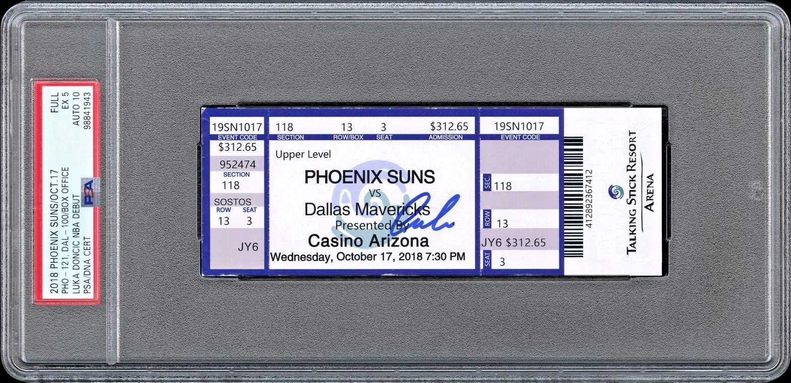 Luca Doncic Autographed Signed Phoenix Suns Luka Doncic NBA Debut Ticket 10/17/18 - Mavericks Suns - PSA 5 AUTO 10 