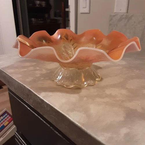 Dugan Peach Opalescent Carnival Glass "Stippled Petals Compote/Bowl