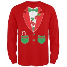 Christmas Tuxedo Costume Red Adult Long Sleeve T-Shirt