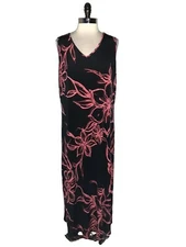 ANTTHONY Size XL Shift Dress Black Coral Floral Sleeveless Stretch Midi