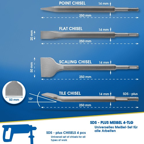 S&R Meister Meißel SDS Plus Set - 4-tlg. Spitzmeißel, Flachmeißel, Fliesenmeißel - Bild 2 von 6