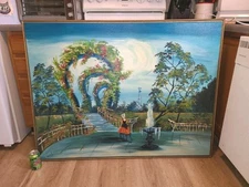 Carlo Of Hollywood Original Oil Painting HUGE 49×38" Woman At Fountain *SIGNED*