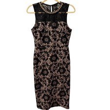 Jessica Simpson Black & Beige Floral Lace Midi Dress Size 8 Sleeveless Back Zip