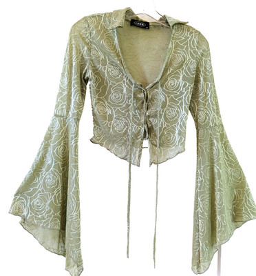 Cider Sz XS Women's Long Bell Sleeve Rose Mesh Lace Front Crop Top Forest Fairy