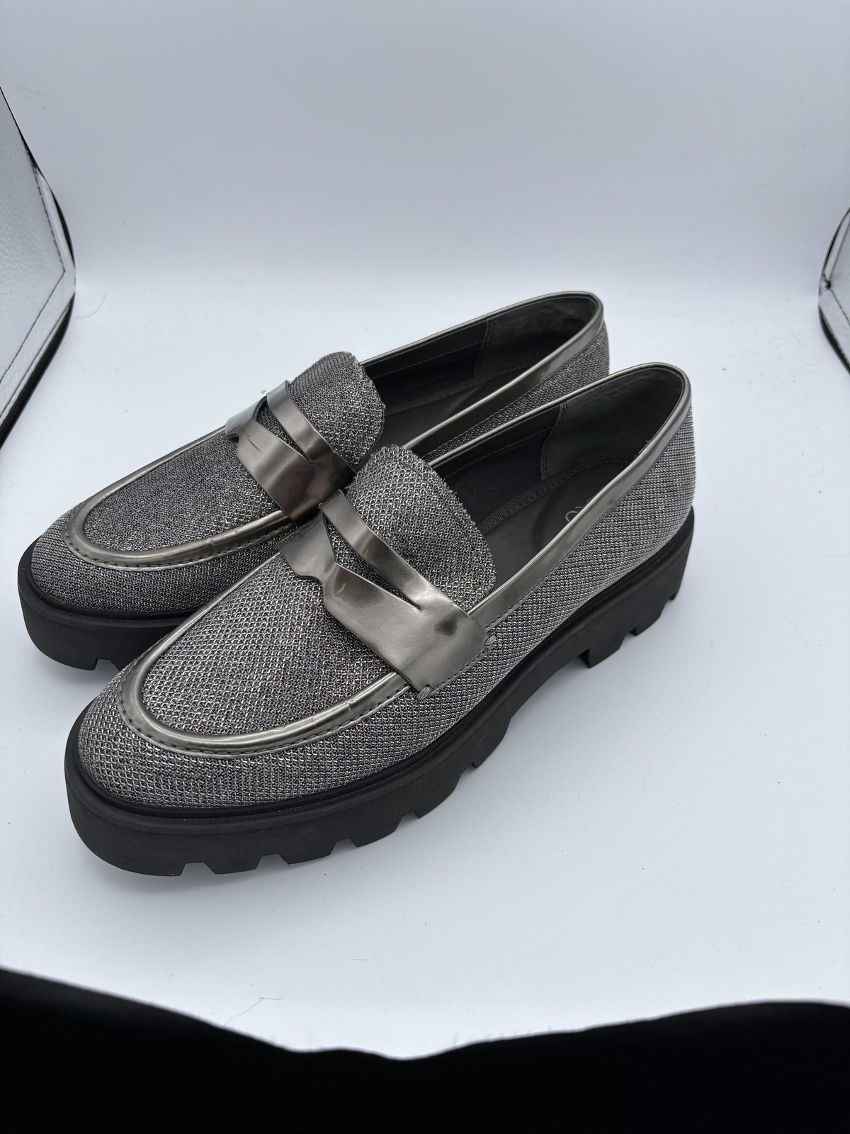 Franco Sarto Shoes Womens Size 8.5 Silver Woven Lug Loafers Platform Slip On