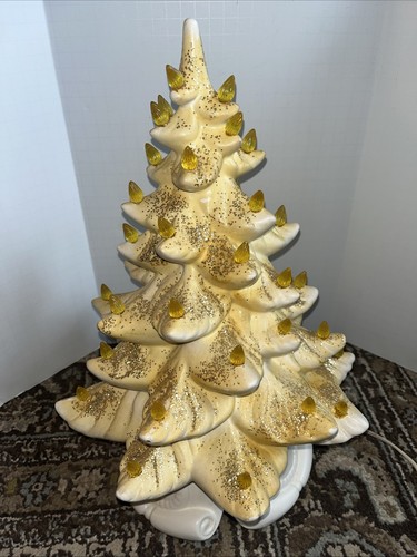 Vintage Atlantic Mold White/Gold Glitter Light Up Christmas Tree Lamp 16” - Picture 9 of 14