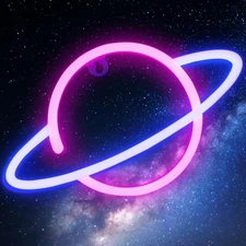 Planet Neon Sign for Wall Decor, USB or Battery Operated Pink/Blue Planet Led Li