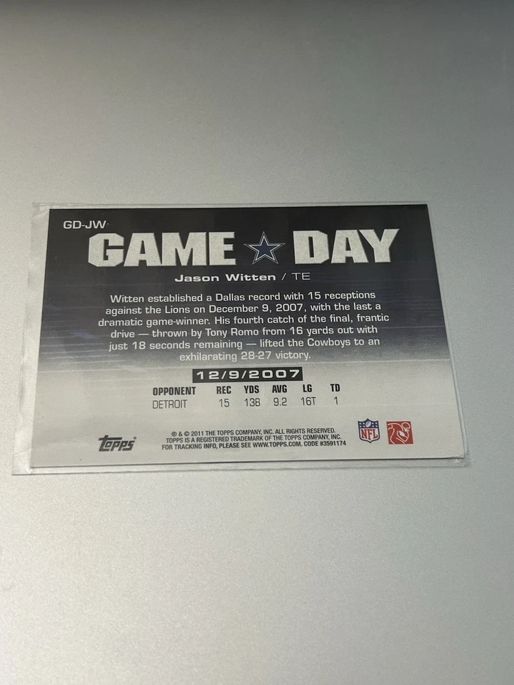 2011 Topps #GD-JW Jason Witten Dallas Cowboys Football Game Day - Image 2 of 2