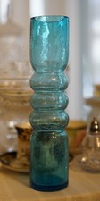 ART GLASS AQUA BLUE Hand Blown crackle glass Vase 9.3/4" tall VINTAGE MCM