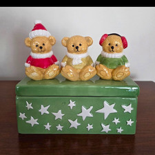Ceramic Christmas Teddy Bear Figurine Set w/ Star Box, Glossy 3D Effect