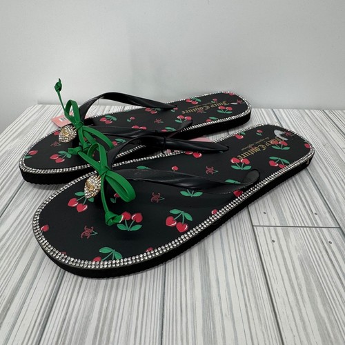 Juicy Couture Women's 9M Black Cherry Rhinestone Embellished Flip Flops Sandals