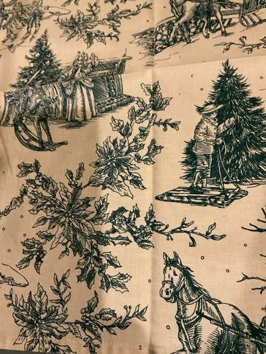 4 NEW COTTON BEIGE W/GREEN CHRISTMAS PRINT / TOILE 18” NAPKINS