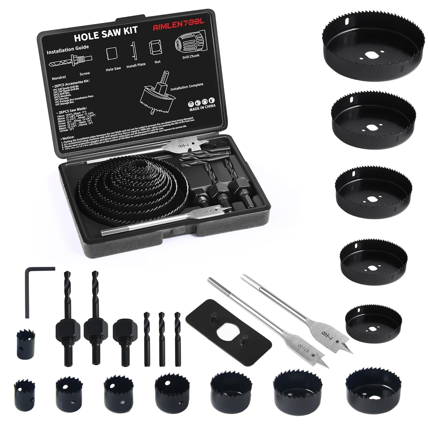 Hole Saw Set, 26PCS Hole Saw Kit with 3/4" to 5" (19Mm-127Mm) Saw Blades, Spade 