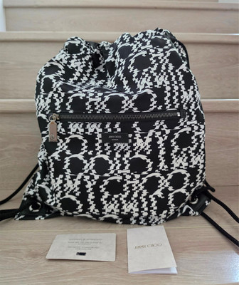 Jimmy Choo Joshu Backpack - Black White Gunmetal Drawstring Nylon Bag RRP$850