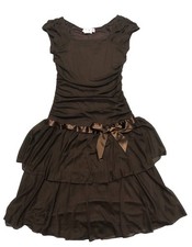 Jody California Dress S 11/12 Brown Fairycore Cap Sleeve Ruched Satin Ribbon Vtg