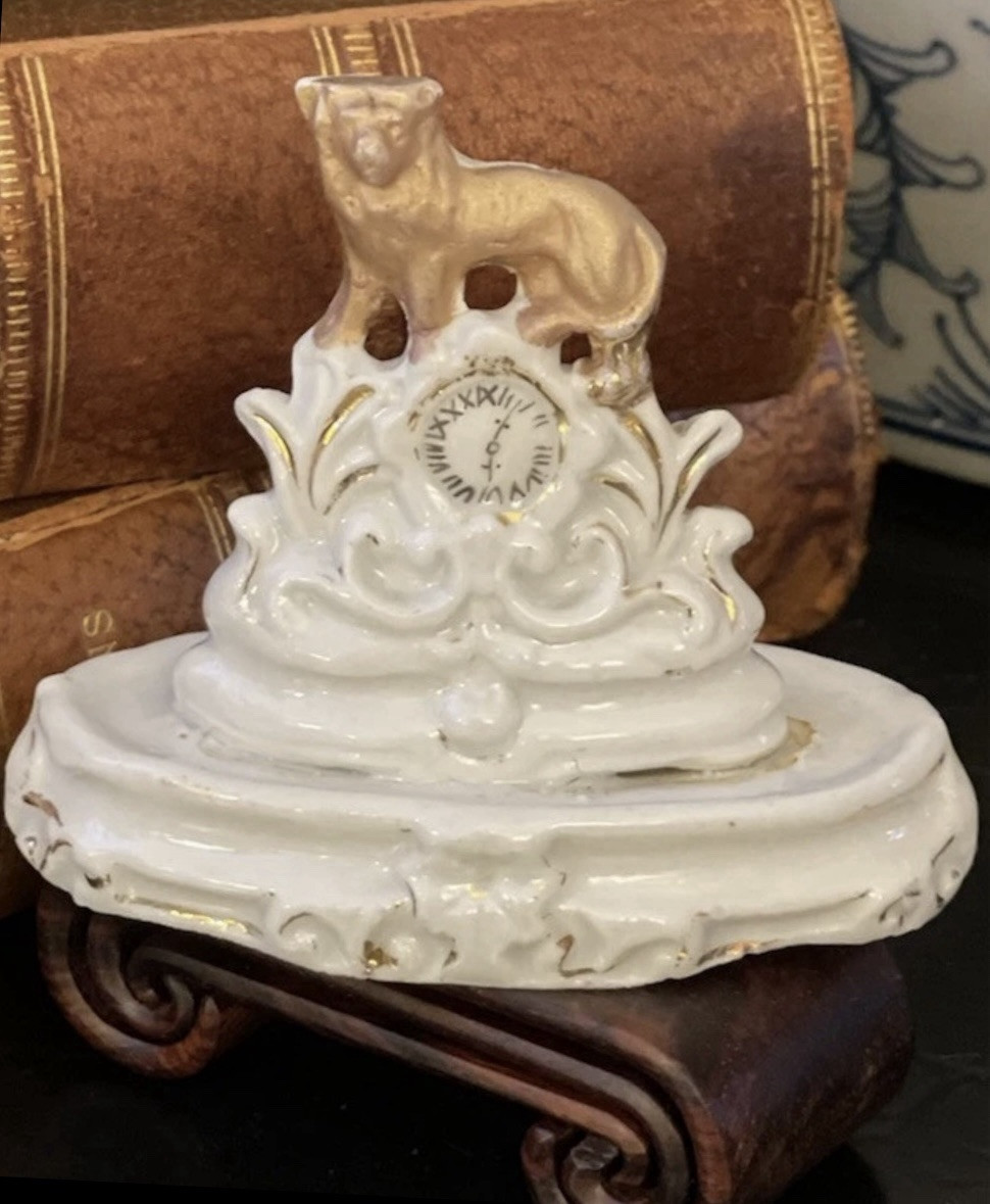 Marvelous Rare Petite 19C English Staffordshire Lion Figural Mantle Clock 3.25”