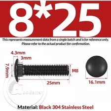 M8 M10 M12 CARRIAGE BOLTS CUP SQUARE DOMED BLACK SCREWS A2-70 STAINLESS STEEL
