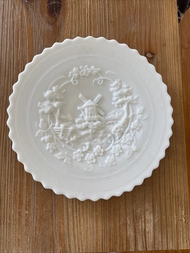 Vintage Imperial Glass Company Milk Glass Plate With Dutch Windmill Design