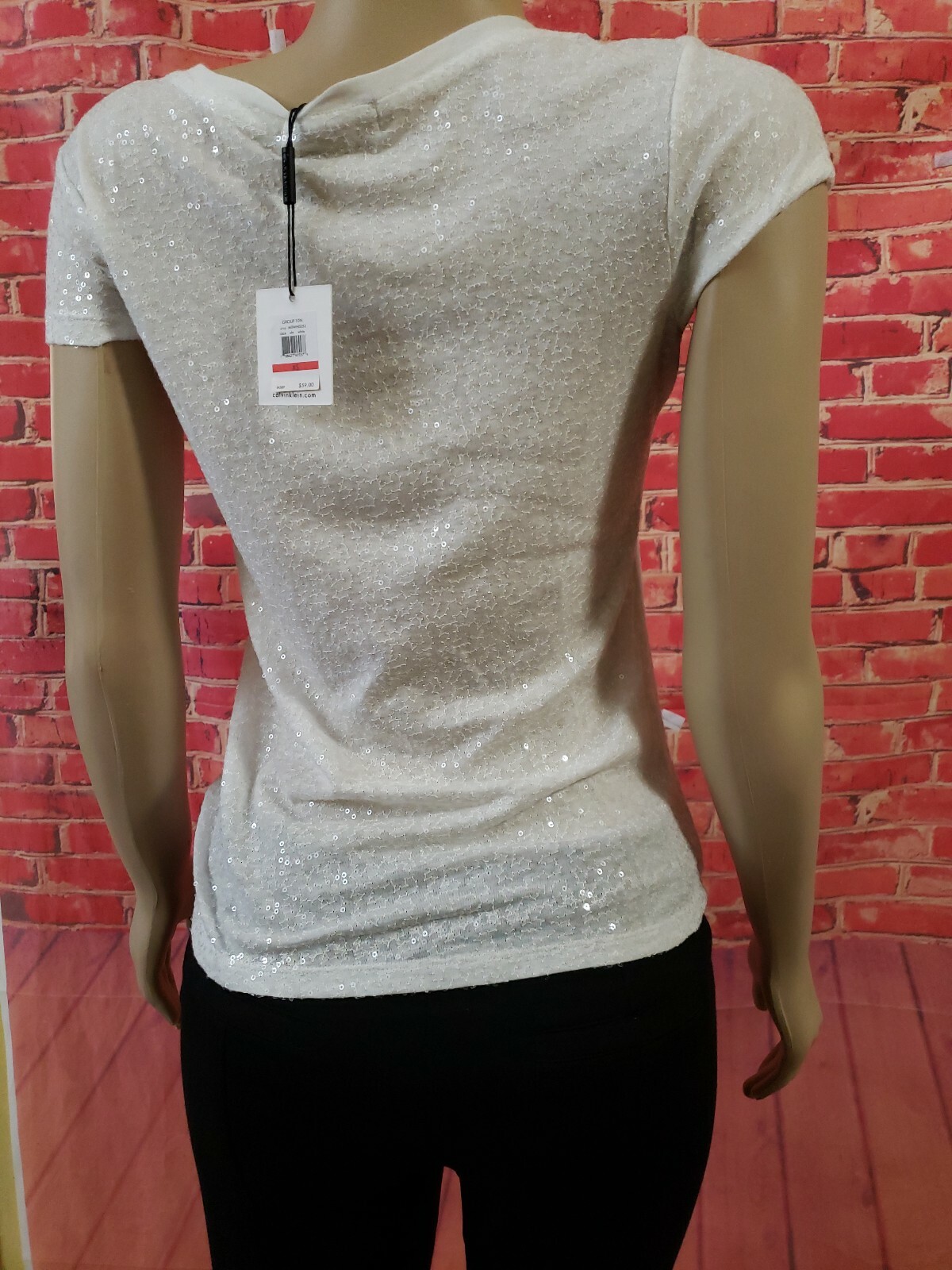Calvin Klein White Short Sleeve Sequined Stretch Women's Top Blouse XS NWT #C thumbnail 2