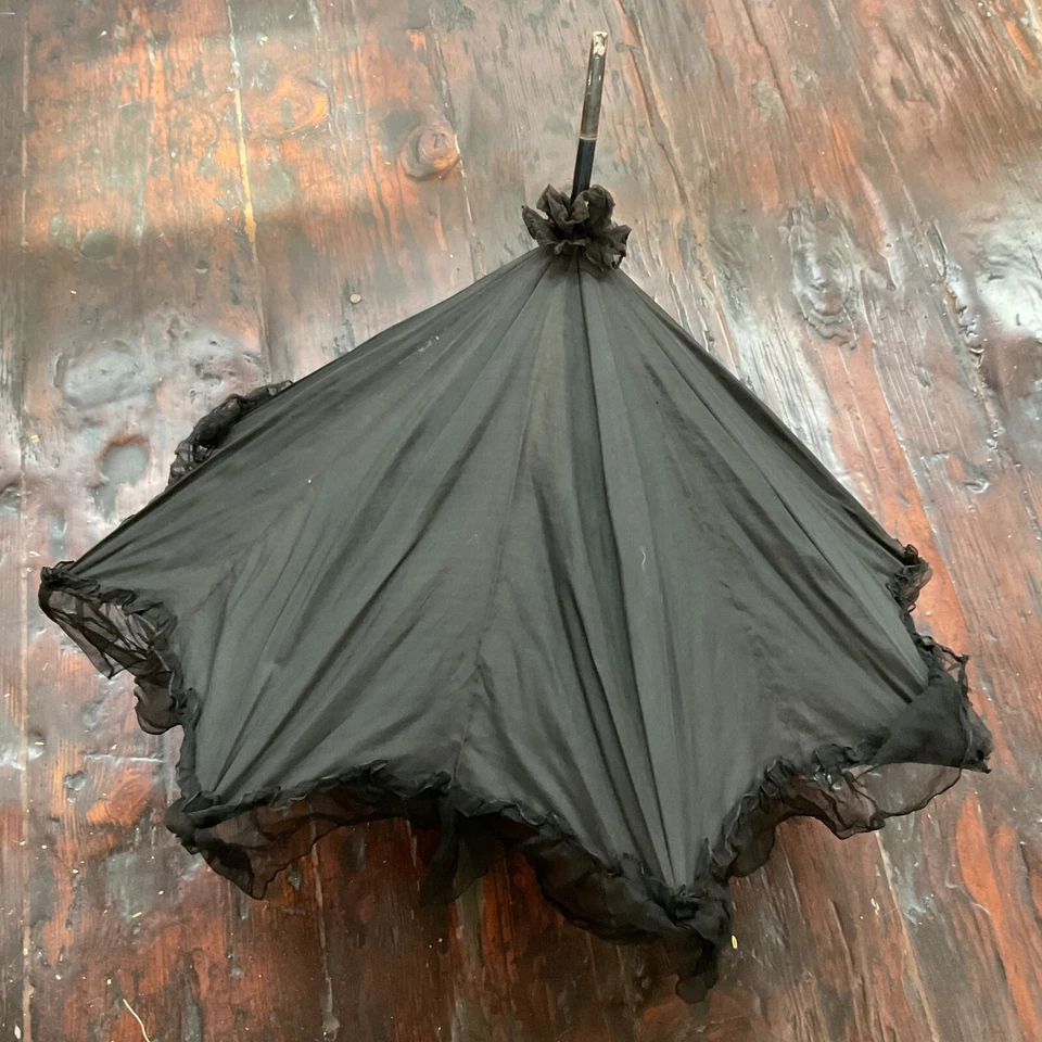 Antique Victorian Black Chiffon Mesh Mourning Parasol with Wooden Shaft Handle - Image 2 of 4