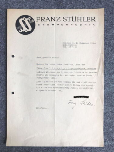 Franz Stühler Stumpenfabrik 1940 Beleg Information - Bild 1 von 2