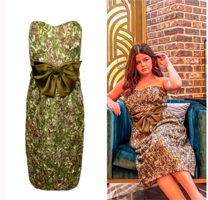 Lafayette 148 NY Dress Suit Size 8 Green Strapless Ribbon Bow Tie Waist Cocktail - Image 2 of 4