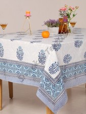 Blue And White Indian Block Printed Tablecloth- Floral Cotton Table Decor Cover