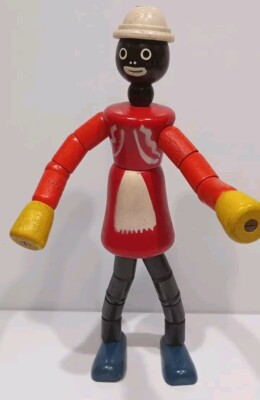 Vintage Zwergtruhe deutsche Federgelenk Holzpuppe schwarz Figur um 1950 29 cm