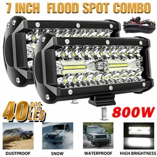 12V Wiring Kit+ 2X 7" 800W LED Fog Work Light Bar Combo Driving OffRoad 4WD ATV
