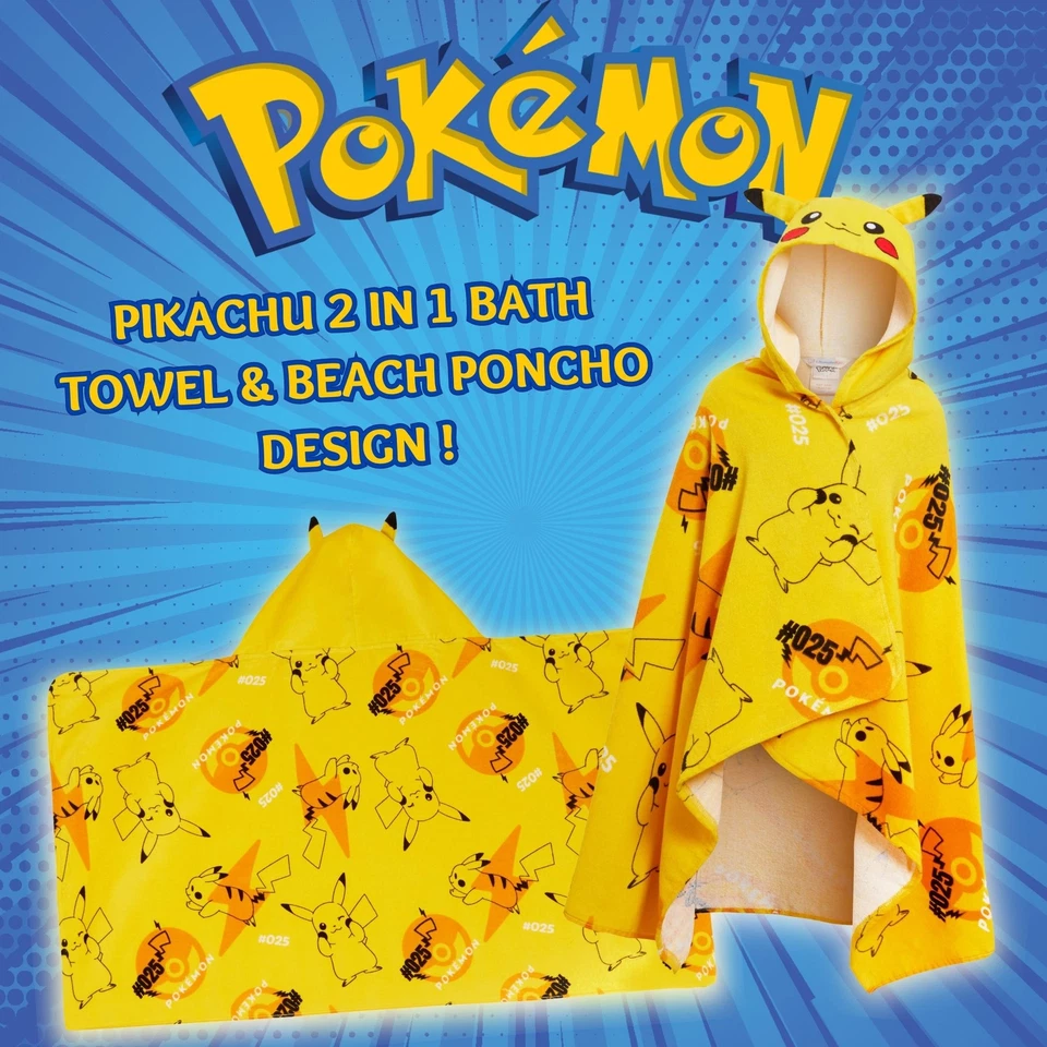 Pikachu Hooded Towel Kids 3D Ears Pokemon Poncho Beach Bath Towel Swimming Wrap - Image 2 of 4