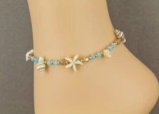 turquoise starfish anklet adjustable 6-10" ankle bracelet cord slide conch shell