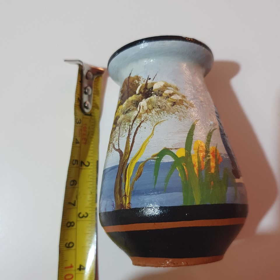 Oil Paint On Clay Vase, Boating Scene, Seascape, Signed Oil Paint Pot