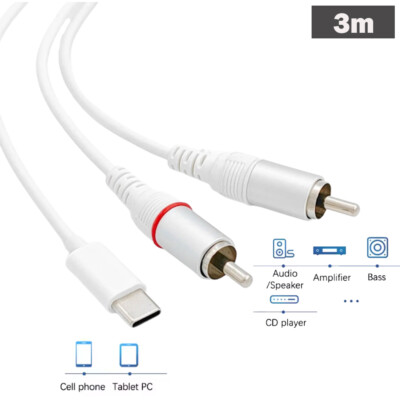 White 3m / 10ft USB Type C to 2 RCA Jack Converter Cable for Ipad pro, Galaxy