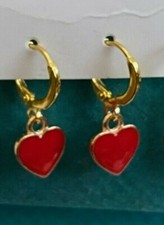 Cute New Yellow Gold Red Enamel Heart Charm Mini Huggie Hoop Dangle Earrings
