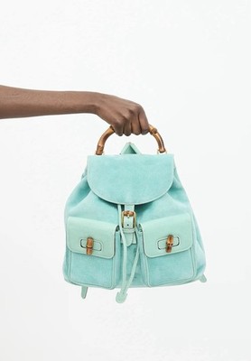 RARE Vintage Gucci Bamboo Suede Leather Teal Turquoise Backpack
