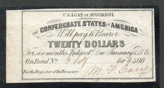U.S.A. 1861 Confederate States of America $20 Bank Loan Fine Sound as shown