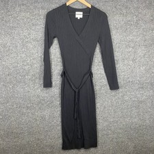 Pink Rose Black Ribbed Knit Wrap Midi Dress Long Sleeve Tie Waist Small