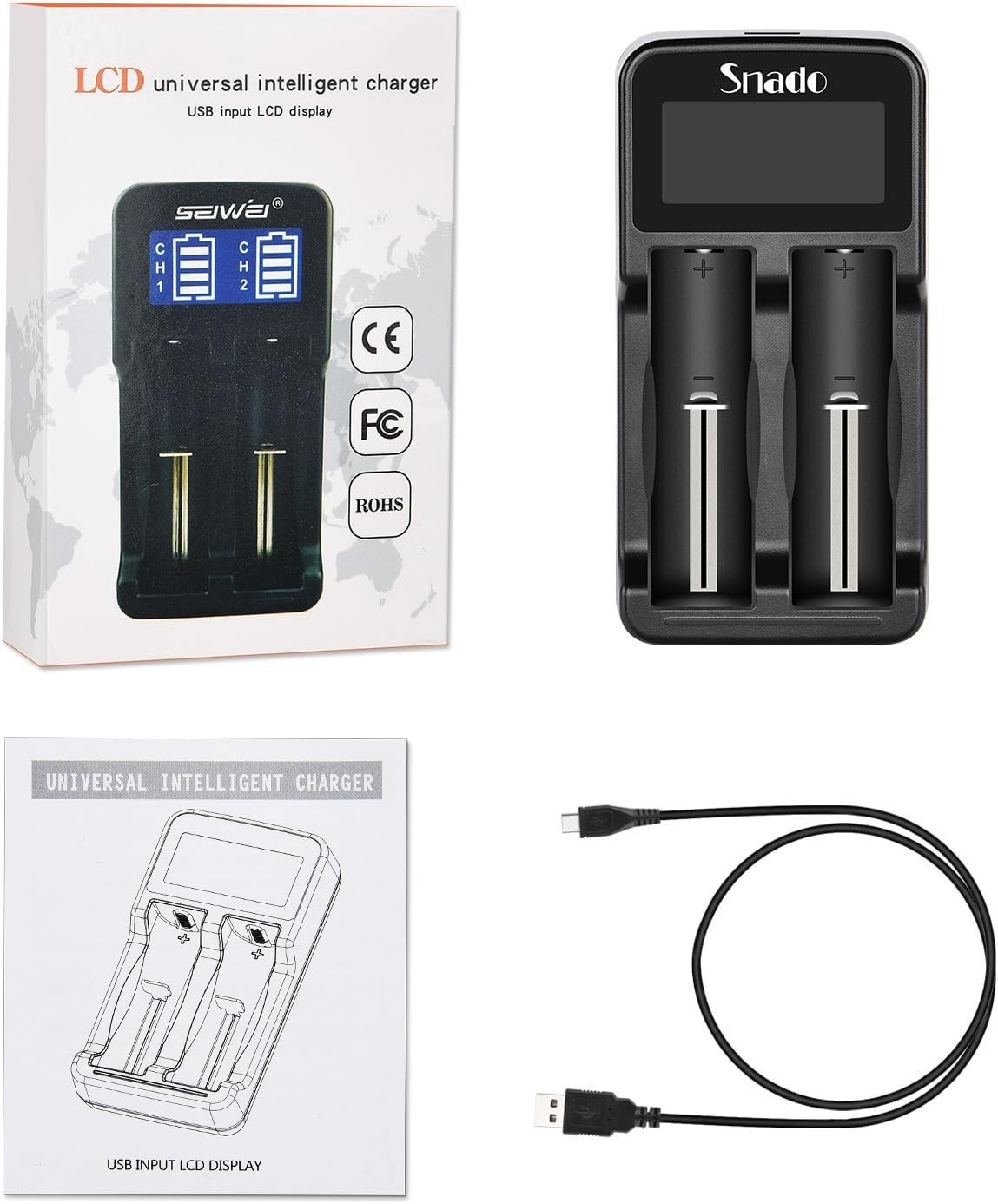Universal Smart Charger with LCD Display & USB-C Fast Charging for Li-ion & NiMH