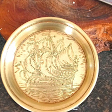 Brass Nautical Decorative Plate/Dish with Engraved Sailing Ship Design
