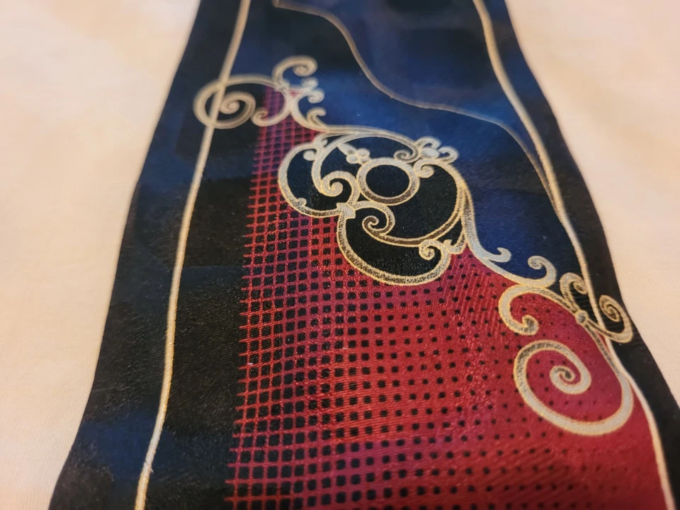Valerio Garati Hand Made Silk Necktie Black Bleu Red With Gold Scroll Work 58" L - Image 2 of 4