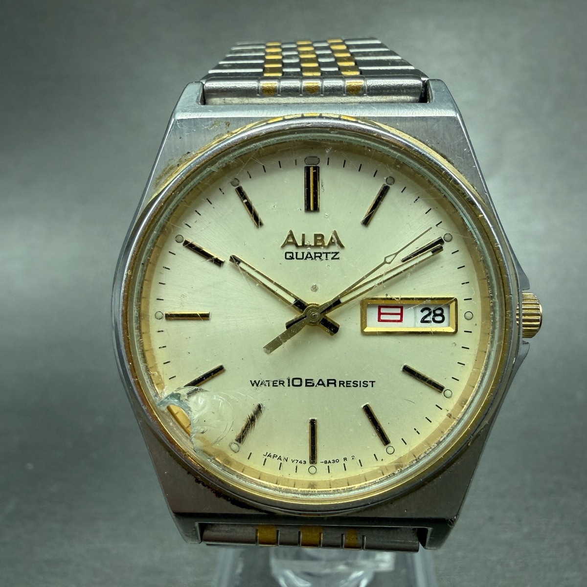 Seiko Alba Watch Men 35mm Champagne Dial Two Tone Daydate V743