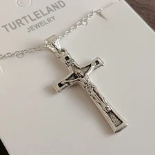 925 Sterling Silver 3D Christian Jesus Christ Cross Catholic Crucifix Necklace