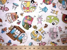 RV Happy Camping Trailer Camper Loralie White Cotton Fabric - EOB 33 Inch